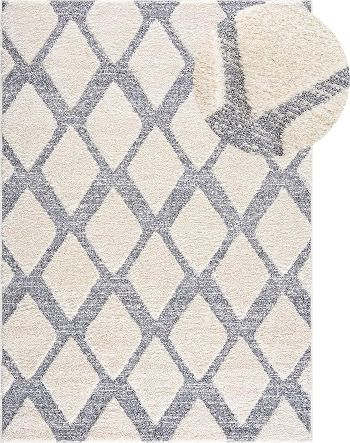 payé Teppich Wohnzimmer Hochflor - Boho - Skandinavisch -160x230cm - Pastell Creme Grau - Raute Must