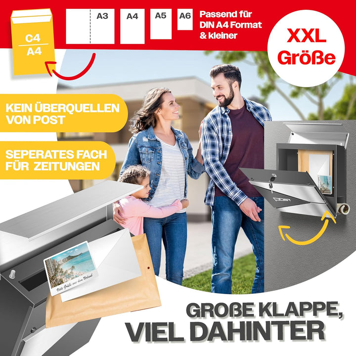 KESSER® Briefkasten mit Zeitungsfach Wandmontage Wandbriefkasten Edelstahl, 2X Schlüssel abschliessb