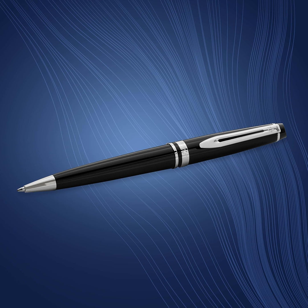 Waterman Expert Kugelschreiber | Hochglänzend Schwarz mit Chromzierteile Mittlere Spitze Blaue Tinte