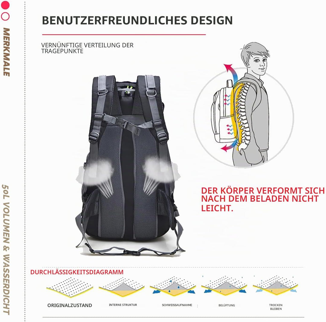 Bseash 50L Leichter wasserfester Wanderrucksack, Outdoor Sport Tagesrucksack Multifunktions Reisetas