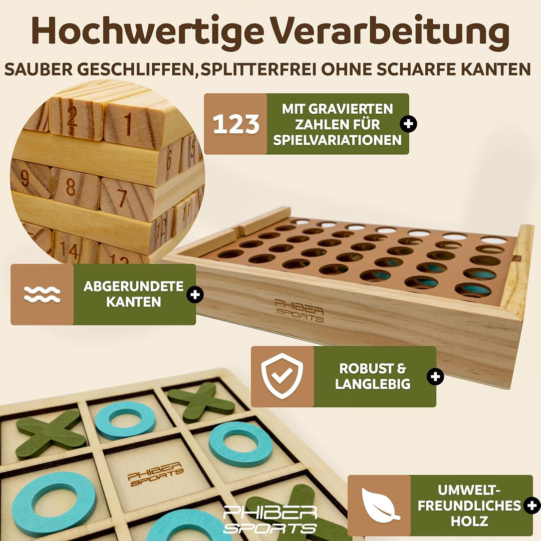 PHIBER-SPORTS 4-in-1 Holz Spielesammlung: Wackelturm, Vier-in-Einer-Reihe, Tic Tac Toe & Mikado Kind