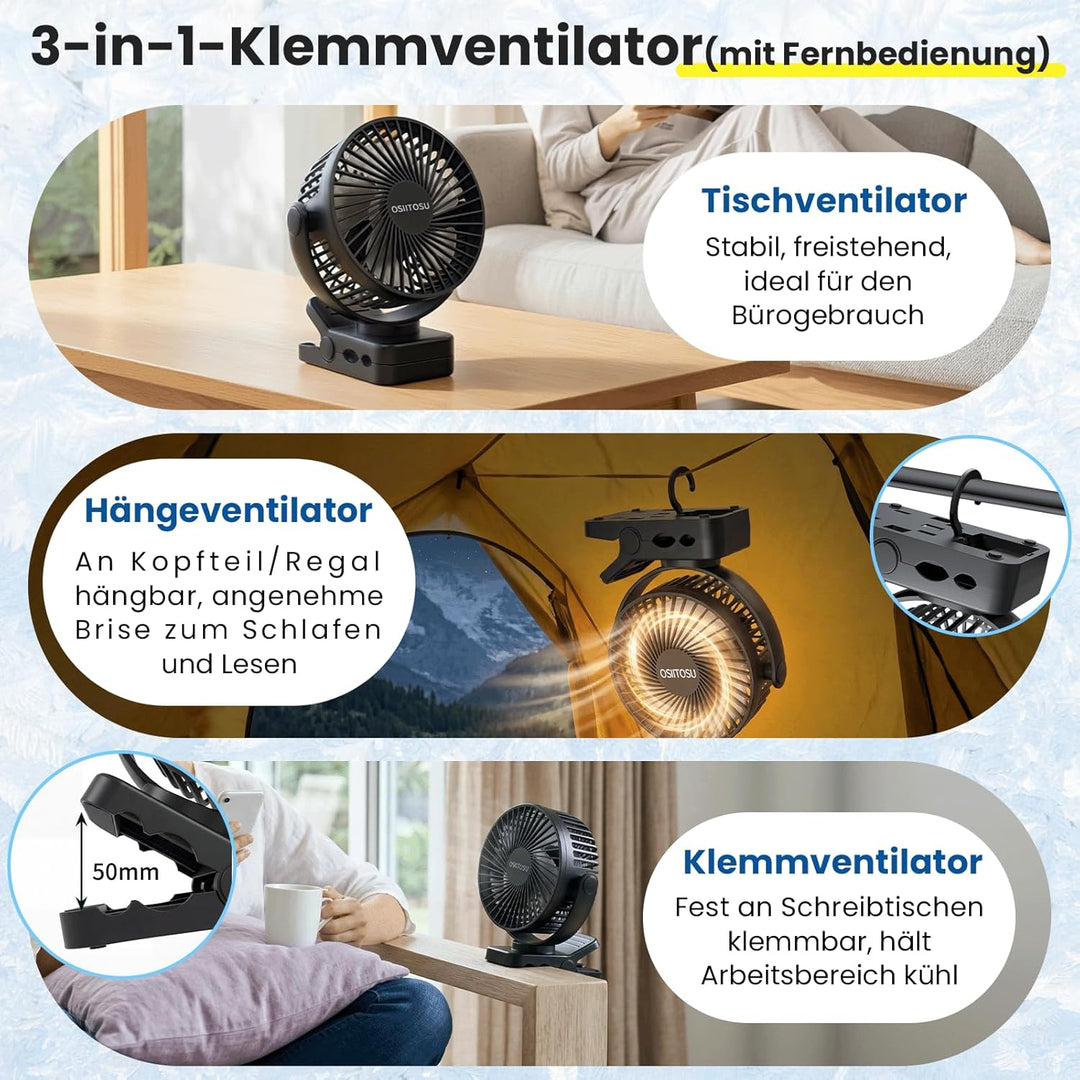 12000mAh Ventilator Akku, Camping Ventilator Klein USB Tischventilator Leise mit Fernbedienung, Lich