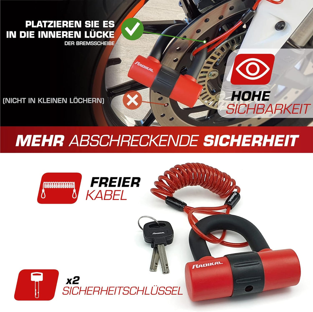 RADIKAL RK72 Motorrad Mini Bügelschloss 14mm Doppelfunktion, Bremsscheibenschloss oder Vorhängeschlo