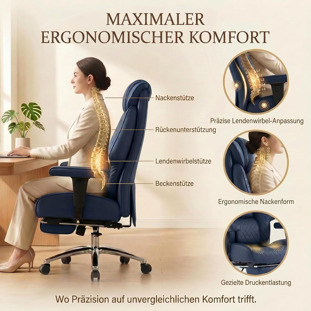 EXCEBET XXL Chefsessel bis 180kg Belastbar, Ergonomischer Bürostuhl mit Taschenfederkern, Breiter Dr