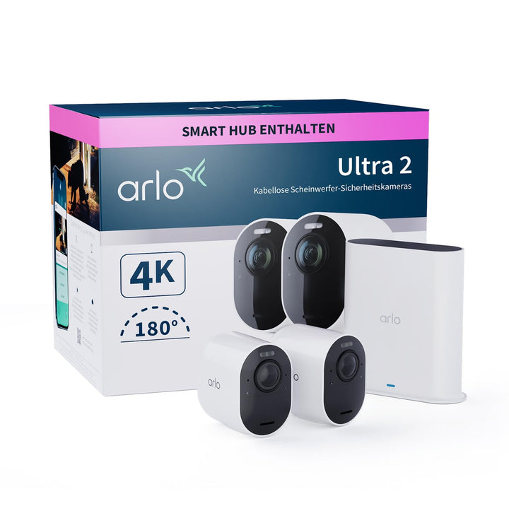 Arlo Ultra 2 Überwachungskamera Aussen WLAN, Kabellos, 2er Set, 4K UHD Qualitätsprodukt, 180° Sichtf