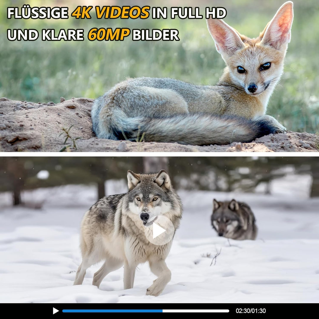 Wildkamera WLAN, 4K Video Wildtierkamera WiFi, 32GB 120° Testsieger 60MP mit 2,0 Zoll LCD-Bildschirm