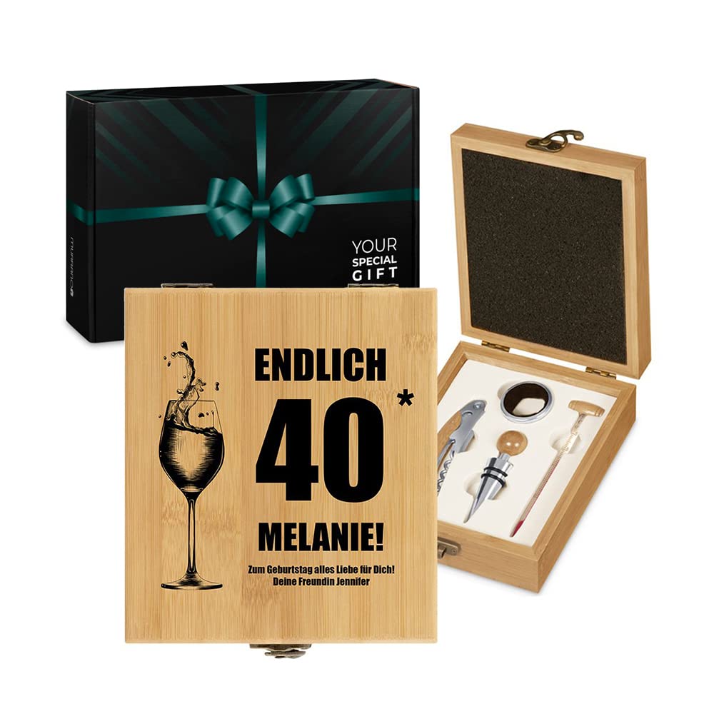 Maverton Weinöffner-Set personalisiert Weinset Sommelier Set - Geschenkbox Holzbox + 4er Weinzubehör