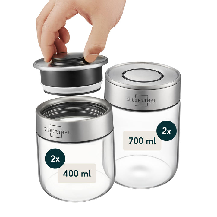 SILBERTHAL Vorratsdosen 4er Set Klein - Glasbehälter mit Edelstahl - Klickdeckel, kein Schraubdeckel