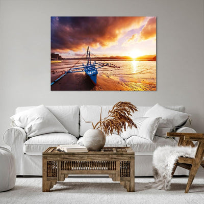 Bilder auf Leinwand 100x70cm Leinwandbild mit Rahmen Ufer Boot Strand Gross Wanddeko Bild Schlafzimm