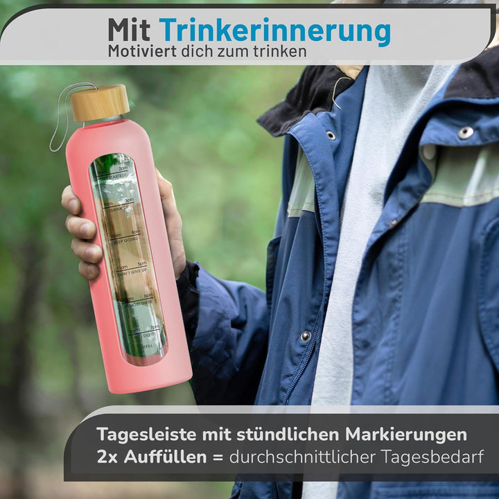 Amalindo Trinkflasche 1l Glas Bruchsicher, Wasserflasche, Glasflasche 1 Liter, Trinkflasche Glas 1l,