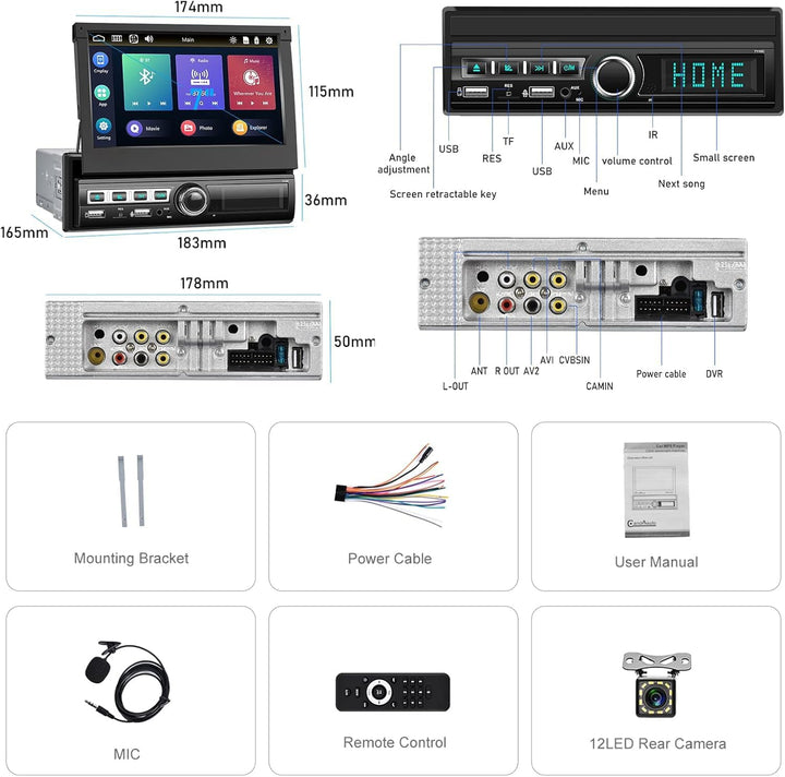 CAMECHO 1 Din Carplay/Android Auto/Mirror Link Autoradio mit 7 Zoll Automatisch Ausfahrbares Touchsc