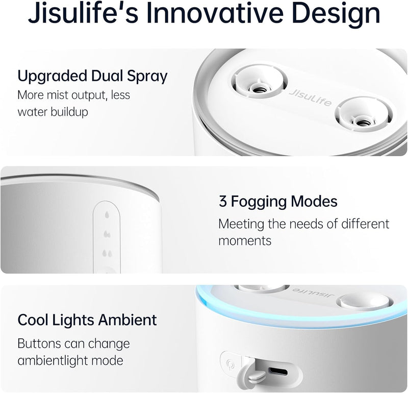JISULIFE Luftbefeuchter Schlafzimmer 1 L, Humidifier Top-Fill raumbefeuchter 30 dB, 8000mAh raumluft