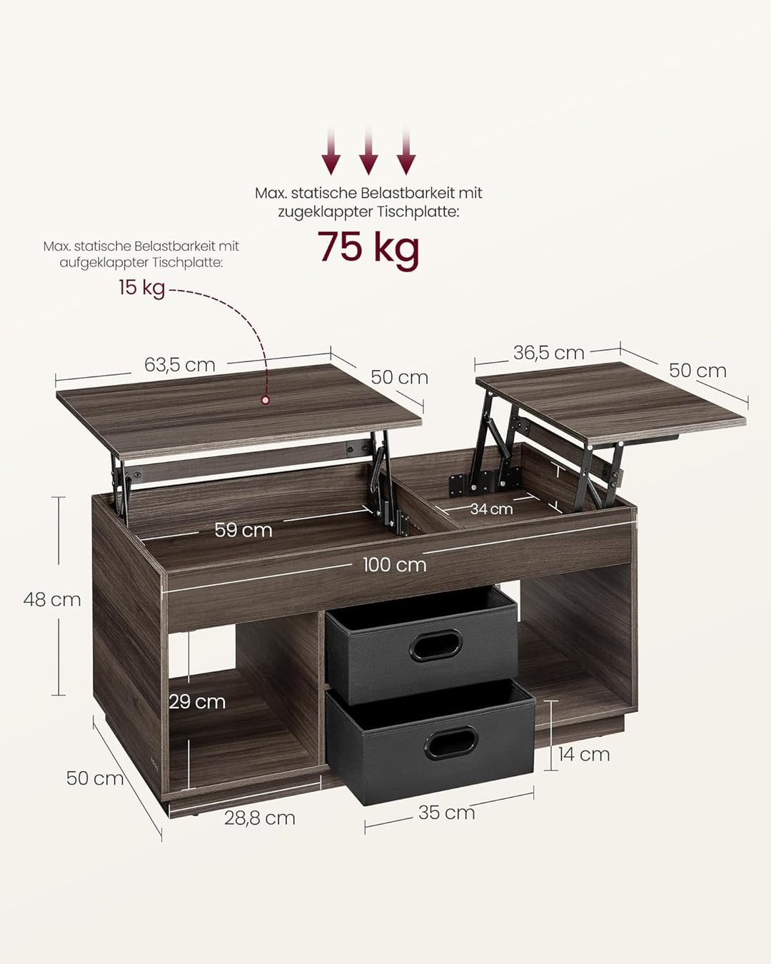 VASAGLE Couchtisch, höhenverstellbarer Wohnzimmertisch, 2 Schubladen und versteckte Fächer, Kaffeeti