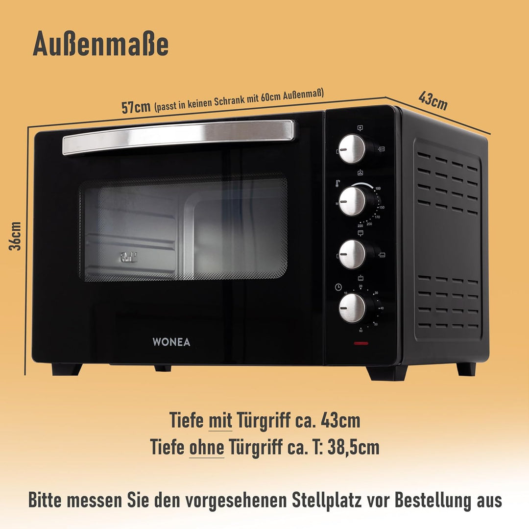 Minibackofen 45 Liter mit Glasfront und 2.000 Watt | Mini Backofen mit Umluft, Drehspiess und Krümel