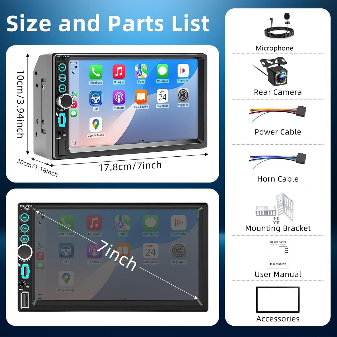 7 Zoll 2 Din Radio mit Wireless CarPlay &amp; Android Auto, Auto Radio Touch Display mit Rückfahrkamera,