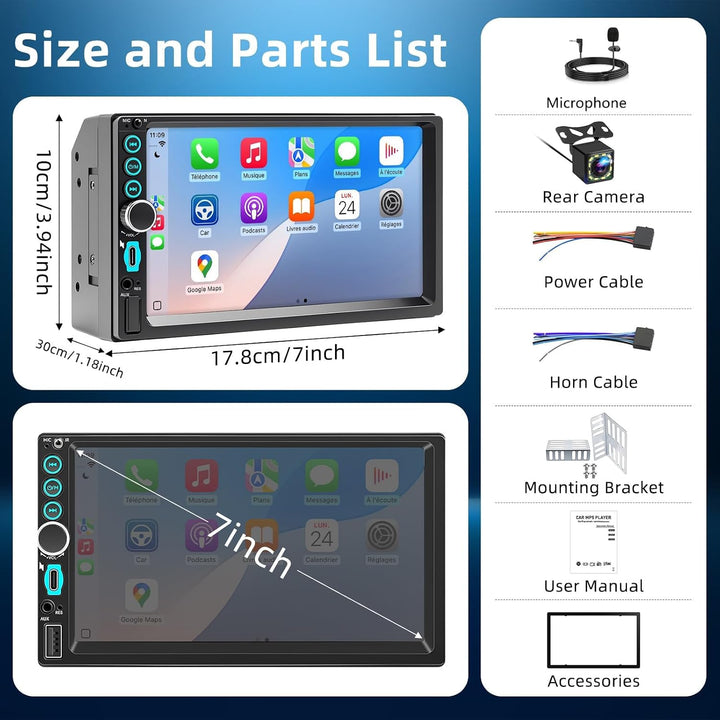 7 Zoll 2 Din Radio mit Wireless CarPlay &amp; Android Auto, Auto Radio Touch Display mit Rückfahrkamera,