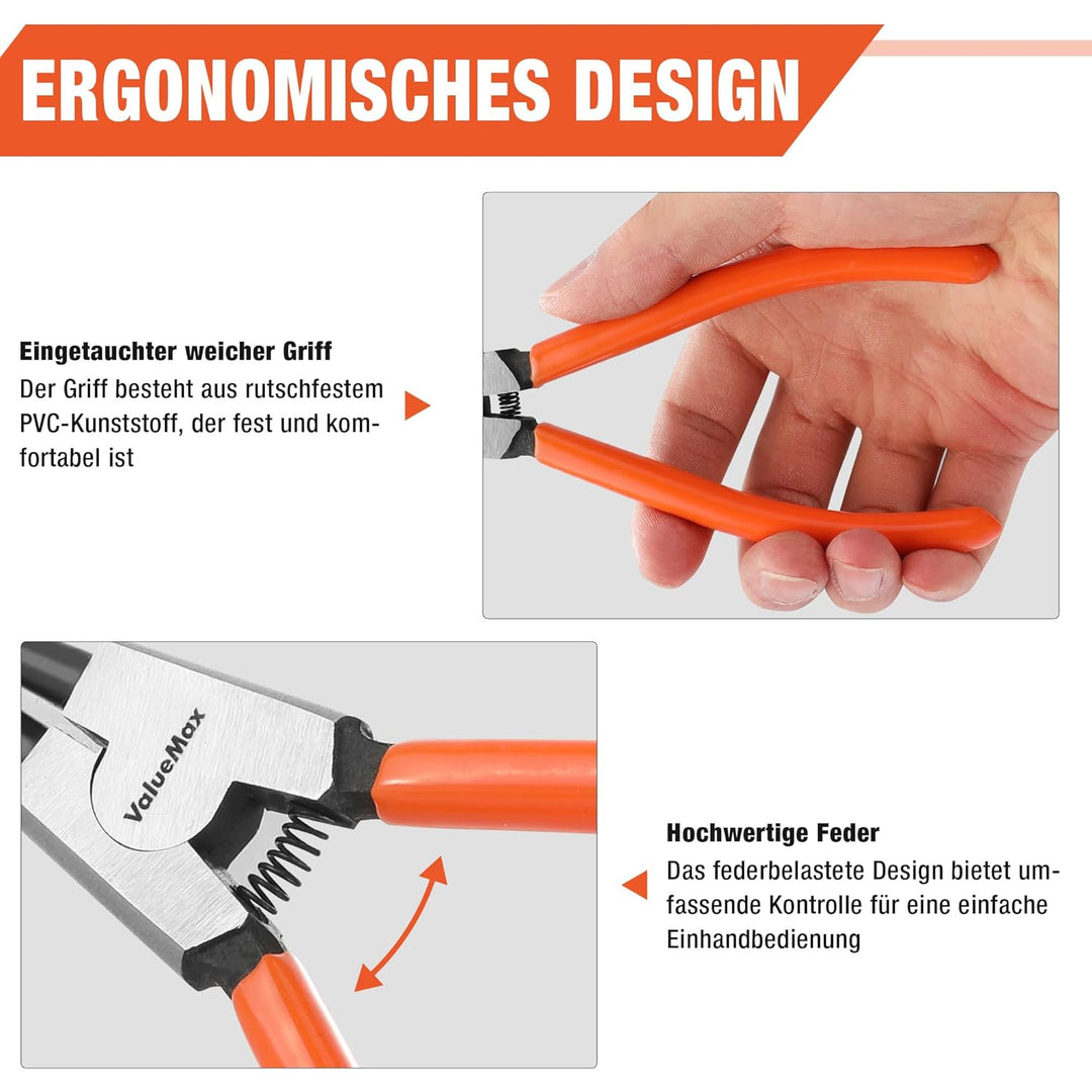 ValueMax Sprengringzangensatz 4tlg.,Sicherungsringzange Set 180mm mit Tasche, für Innen- und Aussens