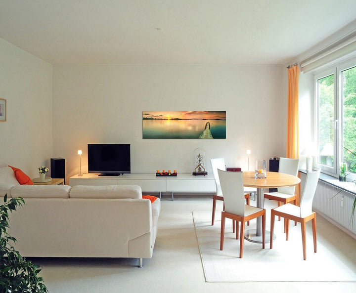 Paul Sinus Art Panoramabild auf Leinwand und Keilrahmen 150x50cm Meer Steg Sonnenuntergang