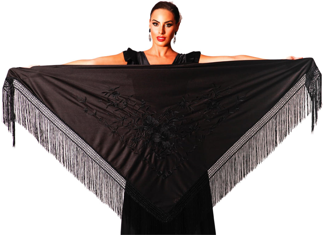 AMINA JAADE Damen Spanischer Flamenco Manila Schal 42 Schwarz, Stickerei Schwarz, 42 Schwarz, Sticke