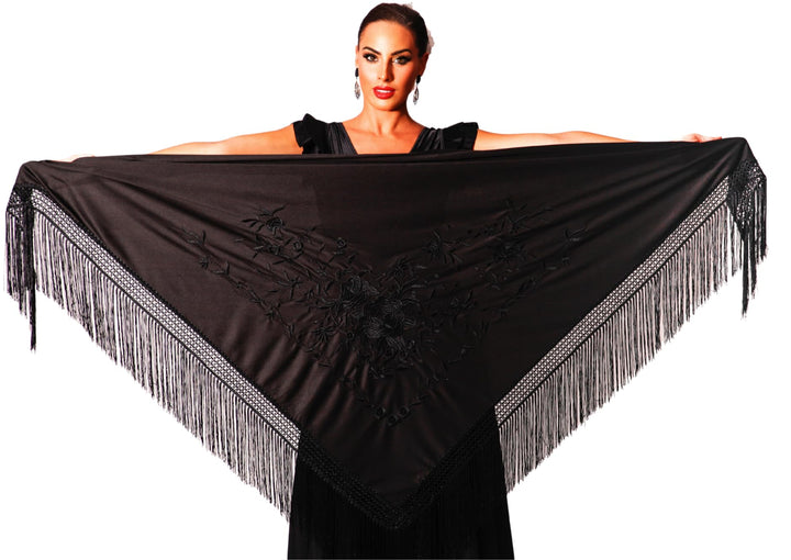 AMINA JAADE Damen Spanischer Flamenco Manila Schal 42 Schwarz, Stickerei Schwarz, 42 Schwarz, Sticke