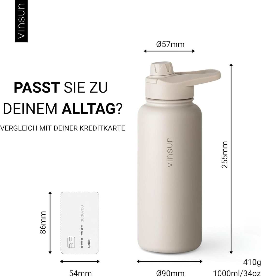 Vinsun Trinkflasche Edelstahl beige 1L - auslaufsicher, Kohlensäure geeignet, BPA frei - Strohhalm,