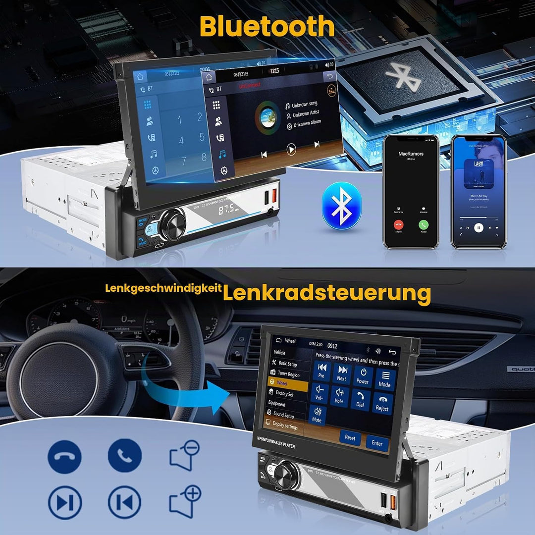 Hikity 1 Din Autoradio Wireless Carplay Andriod Auto 7 Zoll Manuelle Ausfahrbarem Bildchirm Auto Rad