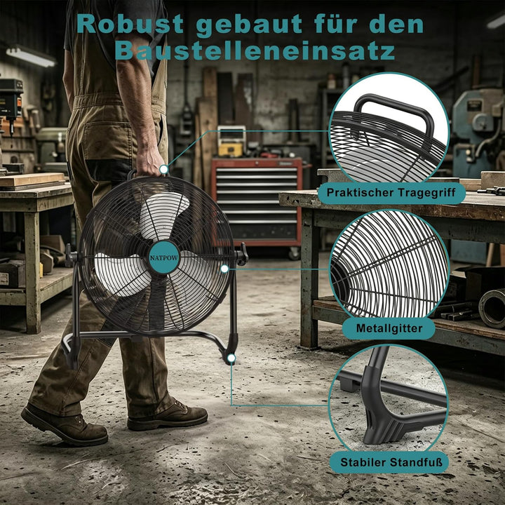 Bodenventilator 30 cm, Ventilator mit Typ C und USB-Aufladung für Adapter und Makita (Kein Akku), 15
