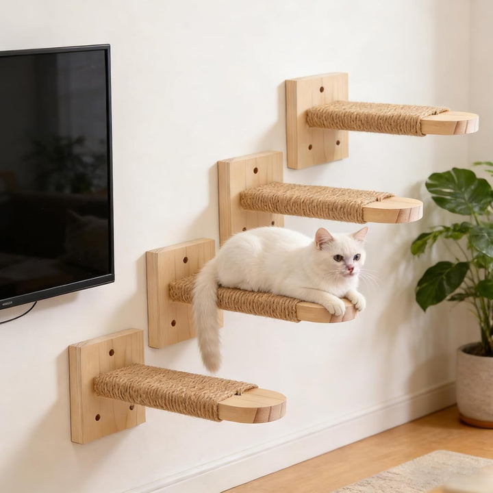 4er-Pack Katzentreppe Wand, Naturholz Kletterwand Katzen, Katzen Kletterwand Set, aus 2cm Massives G