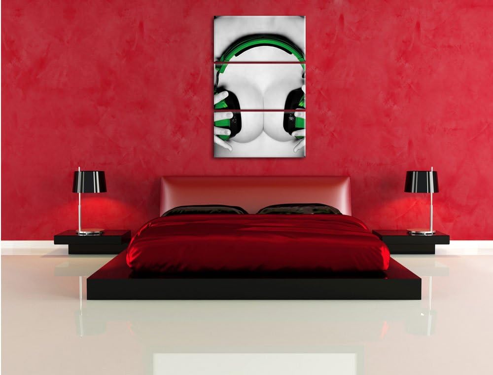 Dark Sexy Girl grüne Kopfhörer schwarz/weiss 3-Teiler Leinwandbild 120x80 Bild auf Leinwand