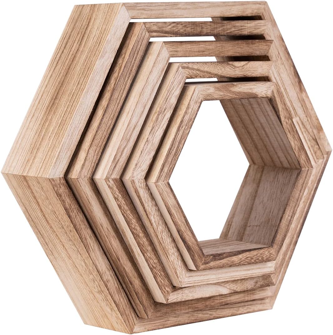 WONFUlity Hexagon schwebende Regale, 5er-Set, Wandmontage, Holz, Bauernhaus-Aufbewahrung, Waben-Wand