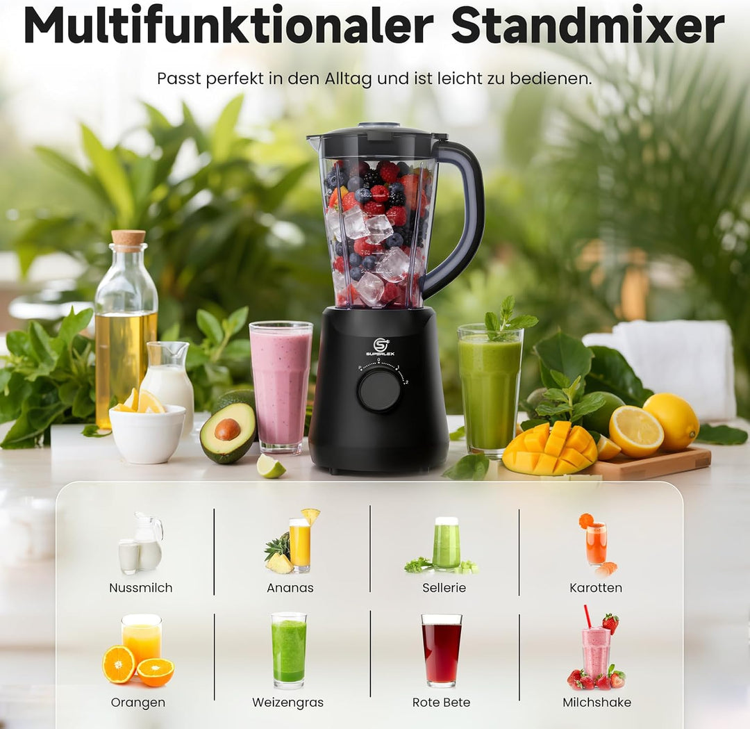 Standmixer 500W Smoothie Maker, 1,5L Mixer mit 2 Geschwindigkeiten | Pulsfunktion, Edelstahlklingen