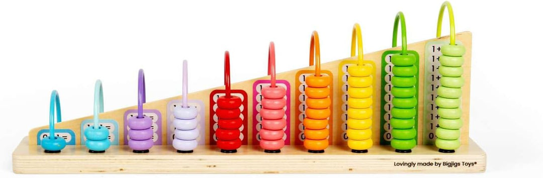 Bigjigs Toys Rainbow Counting Abacus (56 Piece) - Learn Addition & Subtraction, Wooden Numbers & Mat