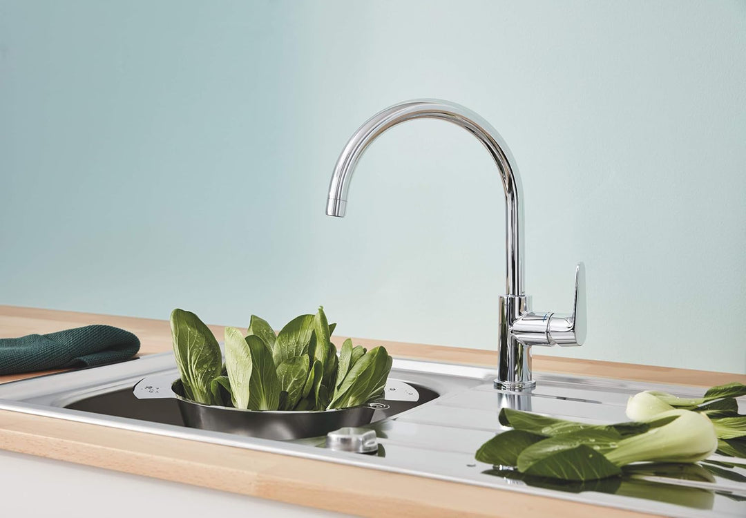 GROHE BauCurve- Einhand-Spültischarmatur (schwenkbarer Rohrauslauf 360°, langlebig, hoher Auslauf, g