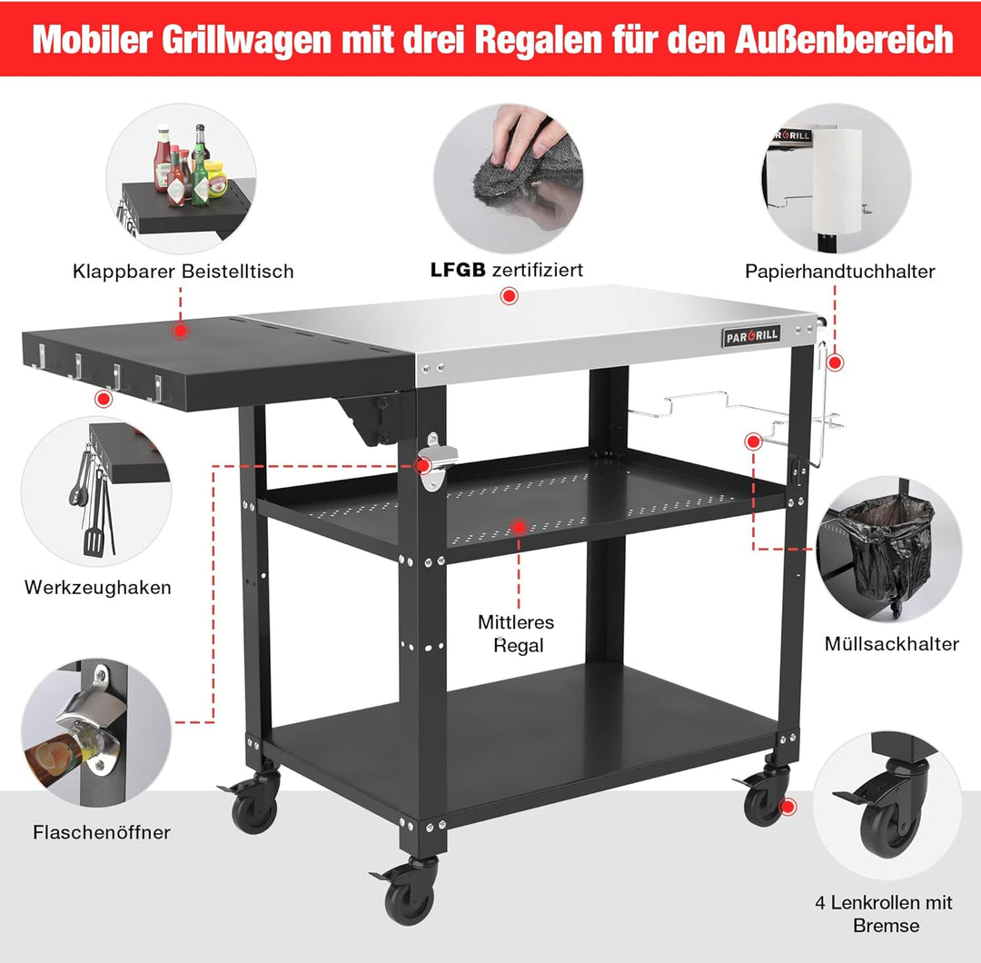 Grillwagen beweglicher Servierwagen mit 3 Ebenen, klappbarem Beistelltisch und 360° schwenkbaren Rol