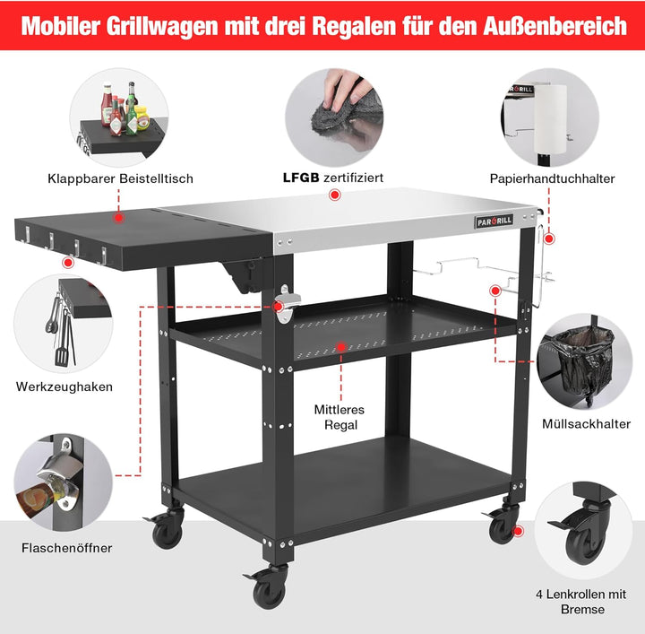 Grillwagen beweglicher Servierwagen mit 3 Ebenen, klappbarem Beistelltisch und 360° schwenkbaren Rol