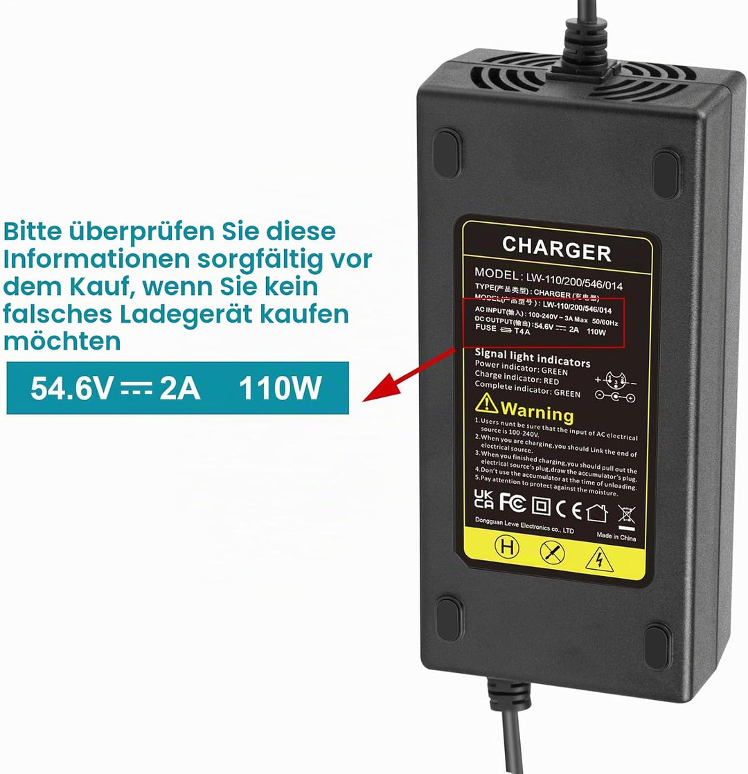 Labtec 54,6V 48V 2A Ladegerät Ladekabel für 48V 2A 13S Li-on Akkus E-Bike Elektrofahrrad Pedelec Hov