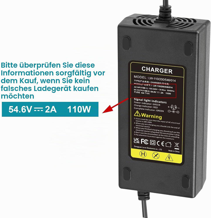 Labtec 54,6V 48V 2A Ladegerät Ladekabel für 48V 2A 13S Li-on Akkus E-Bike Elektrofahrrad Pedelec Hov