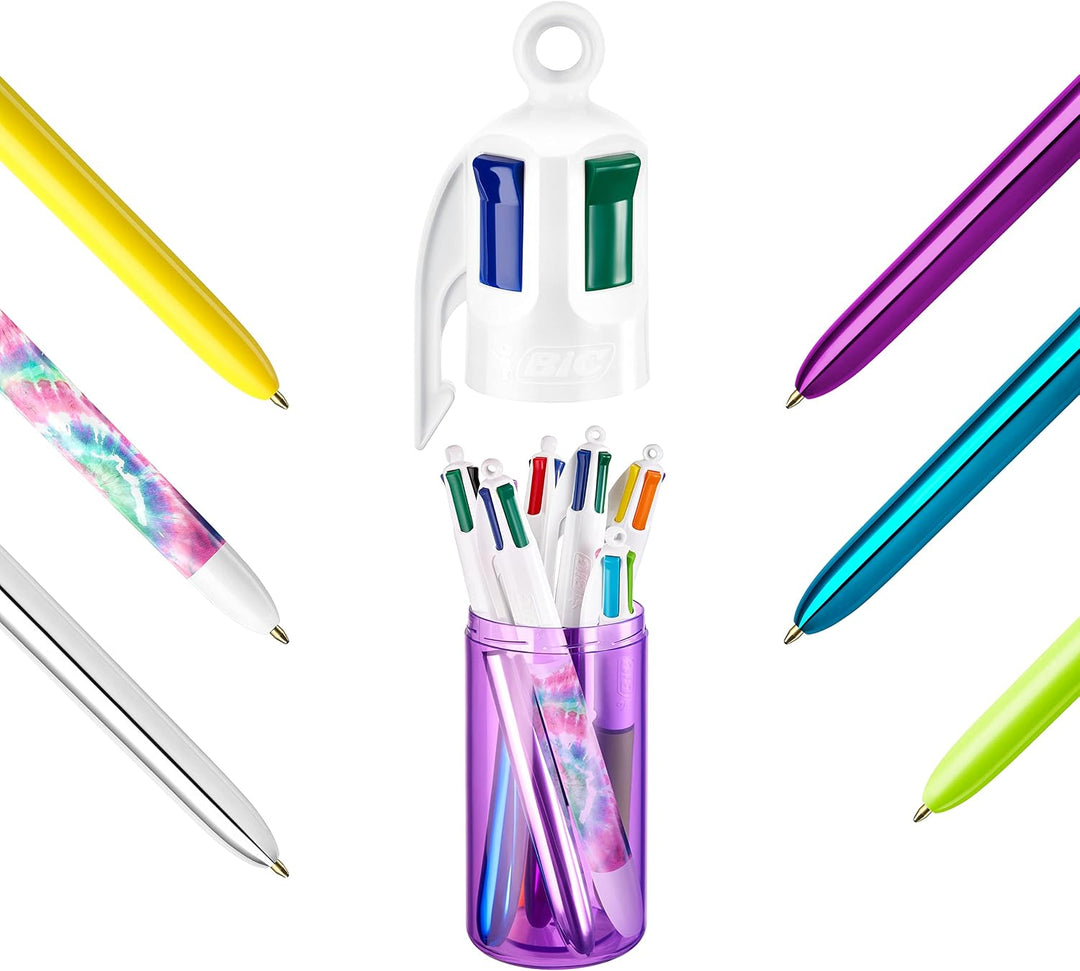 BIC 4 Farben Kugelschreiber Set 4 Colours, 6er Stifte Set in lila Stiftebecher, Geschenkidee für Sam