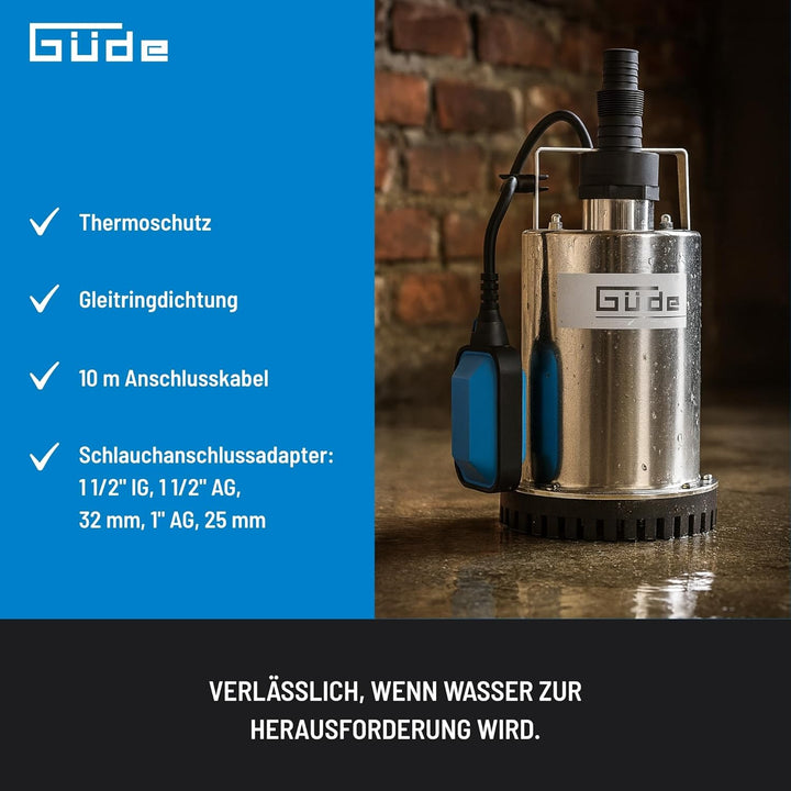 Güde 94606 GFS 4000 INOX Flachsaugerpumpe Tauchpumpe (400W, 700 l/h Fördervolumen, IG 1 ½“ Anschluss
