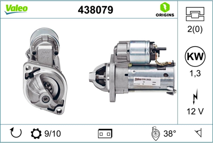 VALEO 438079 Starter Nennleistung: 1,3 kW Stop & Start: NO Zähnezahl: 9 zähne Spannung: 12 V Drehric