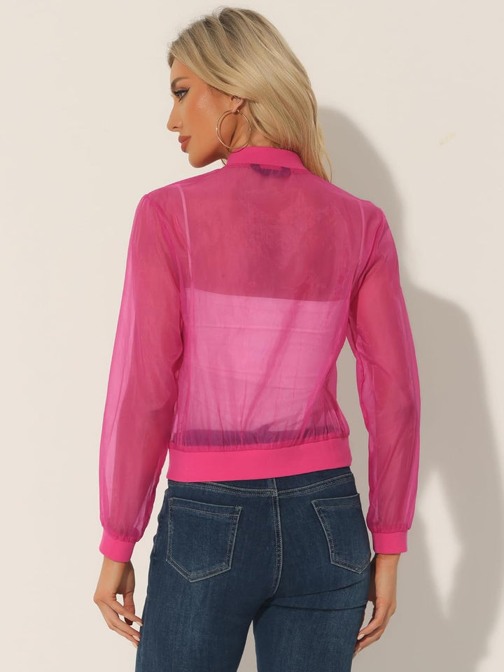 Allegra K Damen Sommer Jacke Langarm Reissverschluss Durchsichtige Transparente Leichte Bomberjacke
