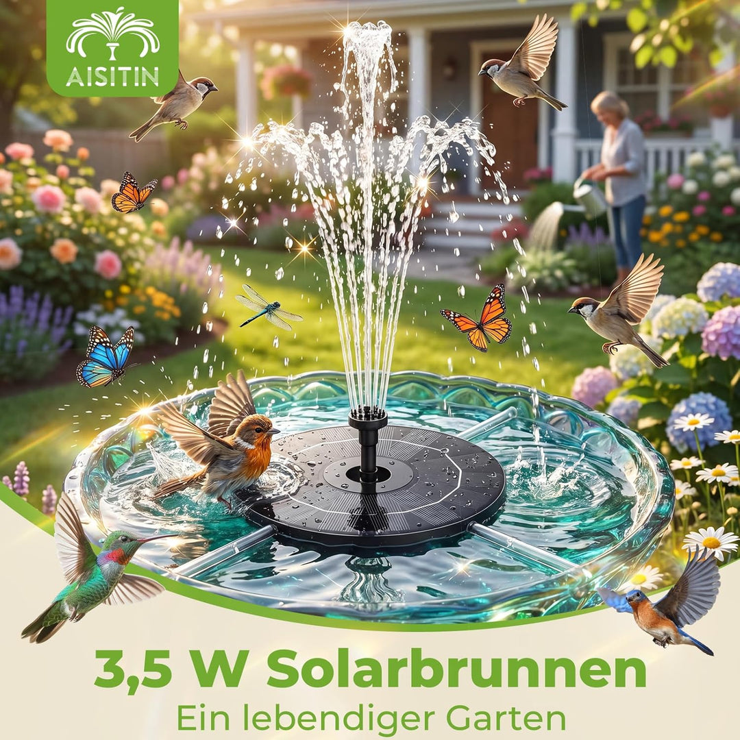AISITIN 3.5W Solarbrunnen für Draussen (φ180mm) Solar Springbrunnen für Aussen mit 4 Stützstangen So