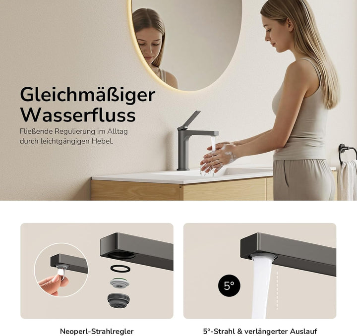 EMKE Wasserhahn Bad Anthrazit Matt, waschtischarmatur, 4MS Messing, Wasserhahn Bad mit Auslauf Höhe