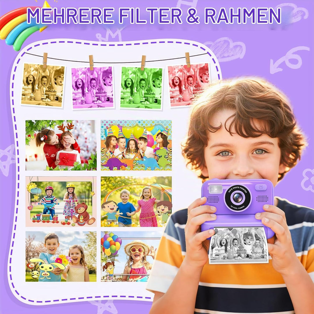 Kinderkamera Sofortbildkamera, 2,4-Zoll Selfie Kamera mit 32GB Karte | 3 Rollen Fotopapier, 1080P Ki