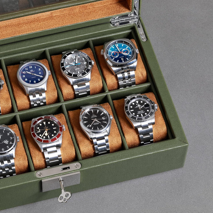 ROTHWELL Uhrenbox mit 10 Fächern – Luxus-Uhrenetui mit weichem Futter, abschliessbarer Schmuckuhrenh