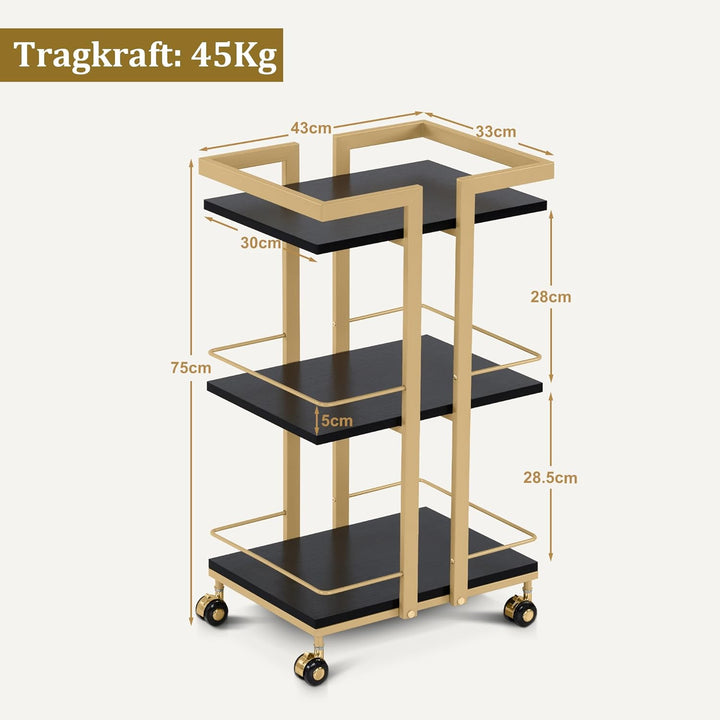 M MCombo Servierwagen mit Rollen, Küchenwagen Barwagen Metallgestell Schwarz-Gold, Moderne Rollwagen