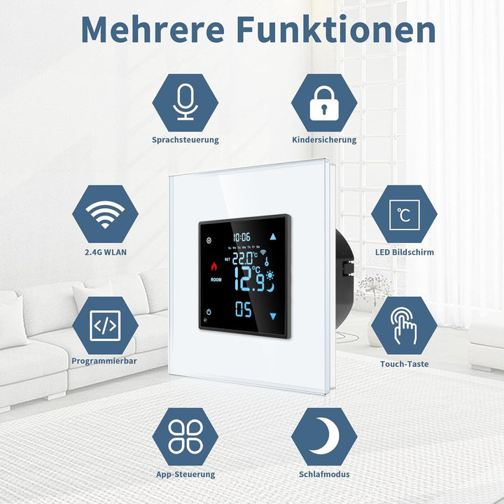 CNBINGO Smart Thermostat Unterputz mit Fühler, Digitaler Raumthermostat für Wasser Fussbodenheizunge