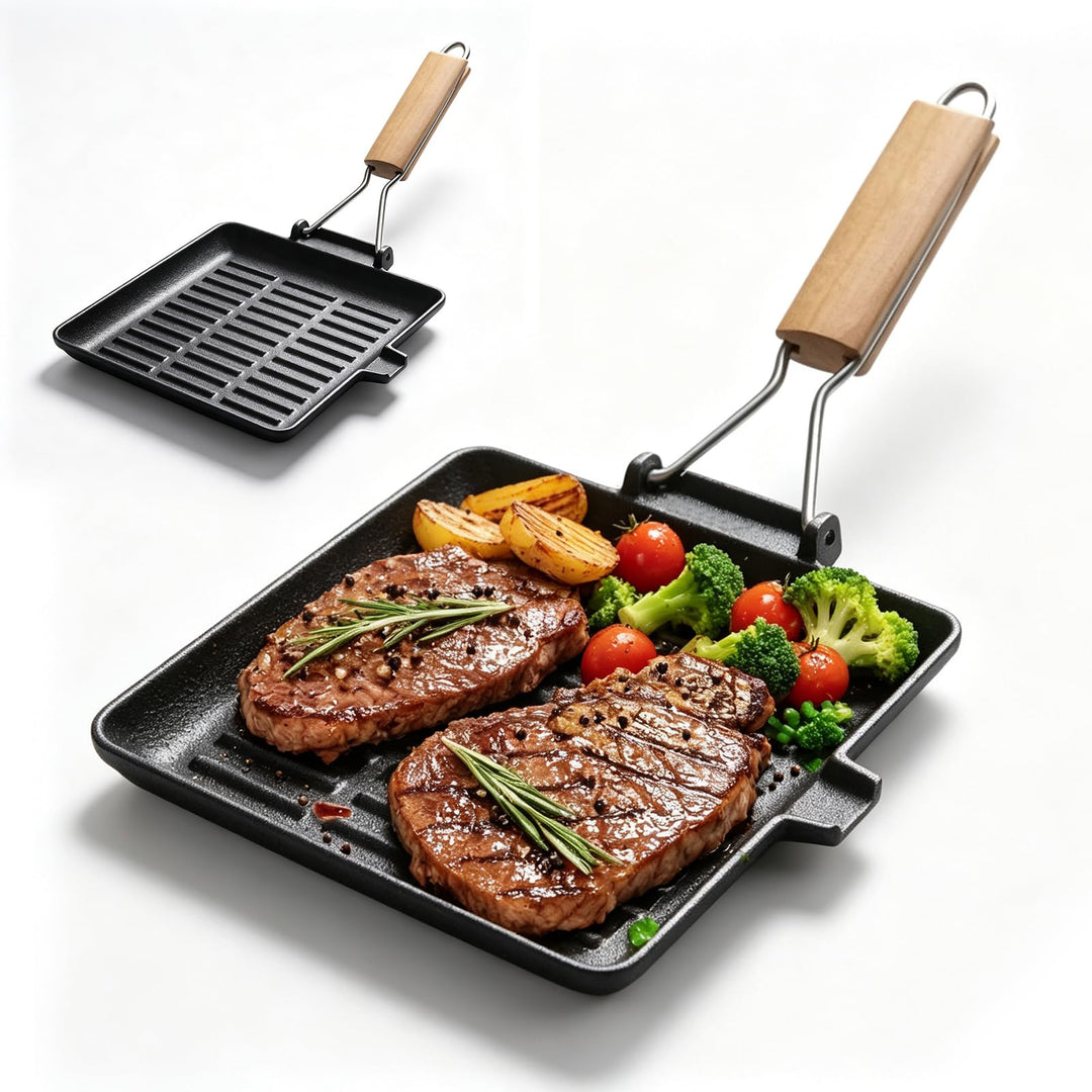 Steakpfanne Gusseisen,Grillpfanne mit Klappbarem Holzgriff Viereckige Grill Pan Induktion Für Alle H