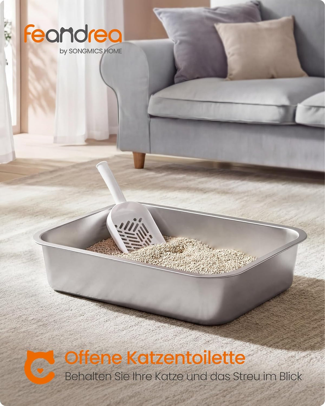 Feandrea Katzenklo Edelstahl, Katzentoilette offen, mit Schaufel, antihaftbeschichtet, geruchsfrei,