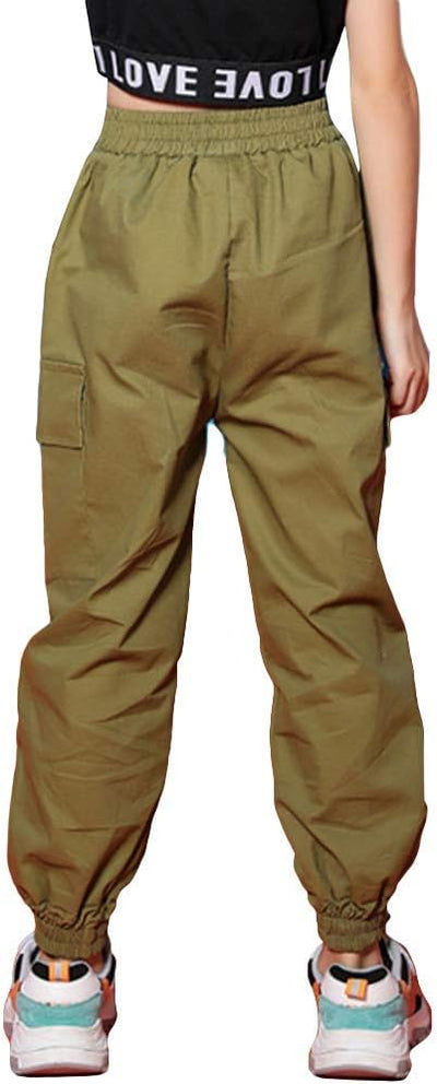 Kinder Cargo Hose Elastische Taille Jogger Hose für Jungen Mädchen Street Hip Hop Armee-grün 122-128